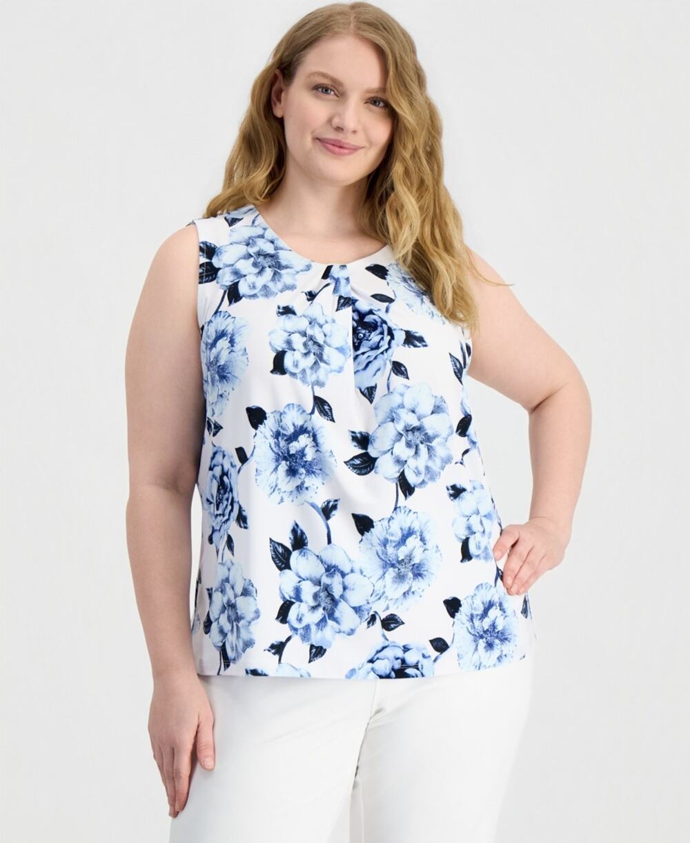 Anne Klein Plus Size Pleated-Neck Sleeveless Knit Top Blue Size 2X 3858